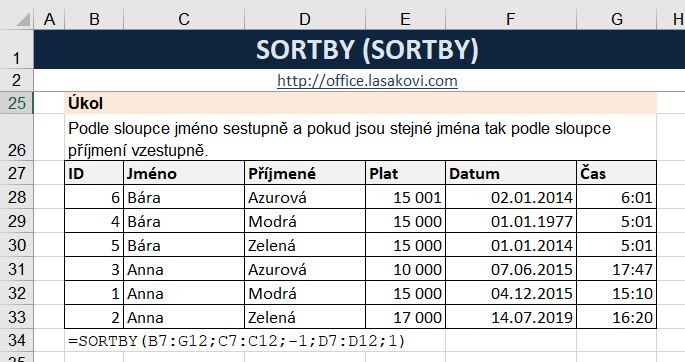 Excel funkce SORTBY - azen podle vce sloupc