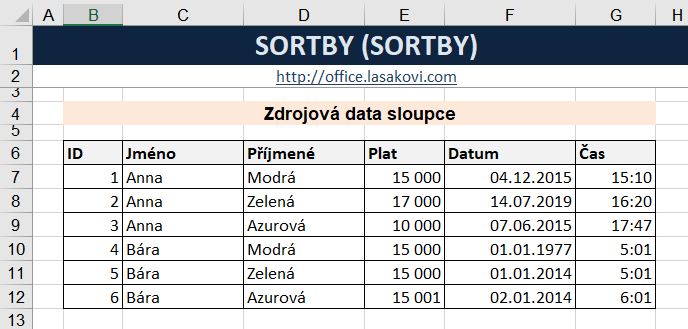 Excel funkce SORTBY - zdrojov data