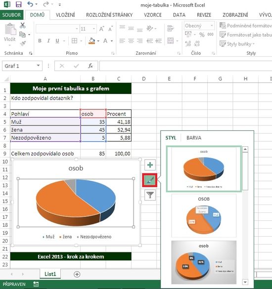 MS Excel 2013 - graf vložen