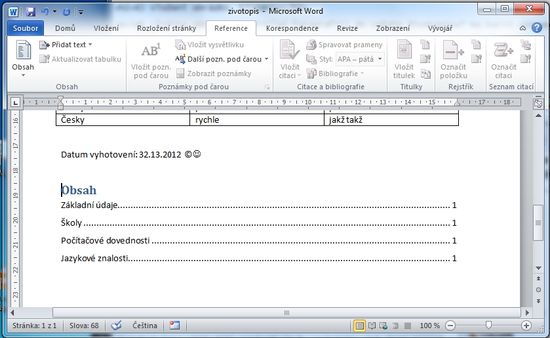 MS Word 2010 - obsah hotovo