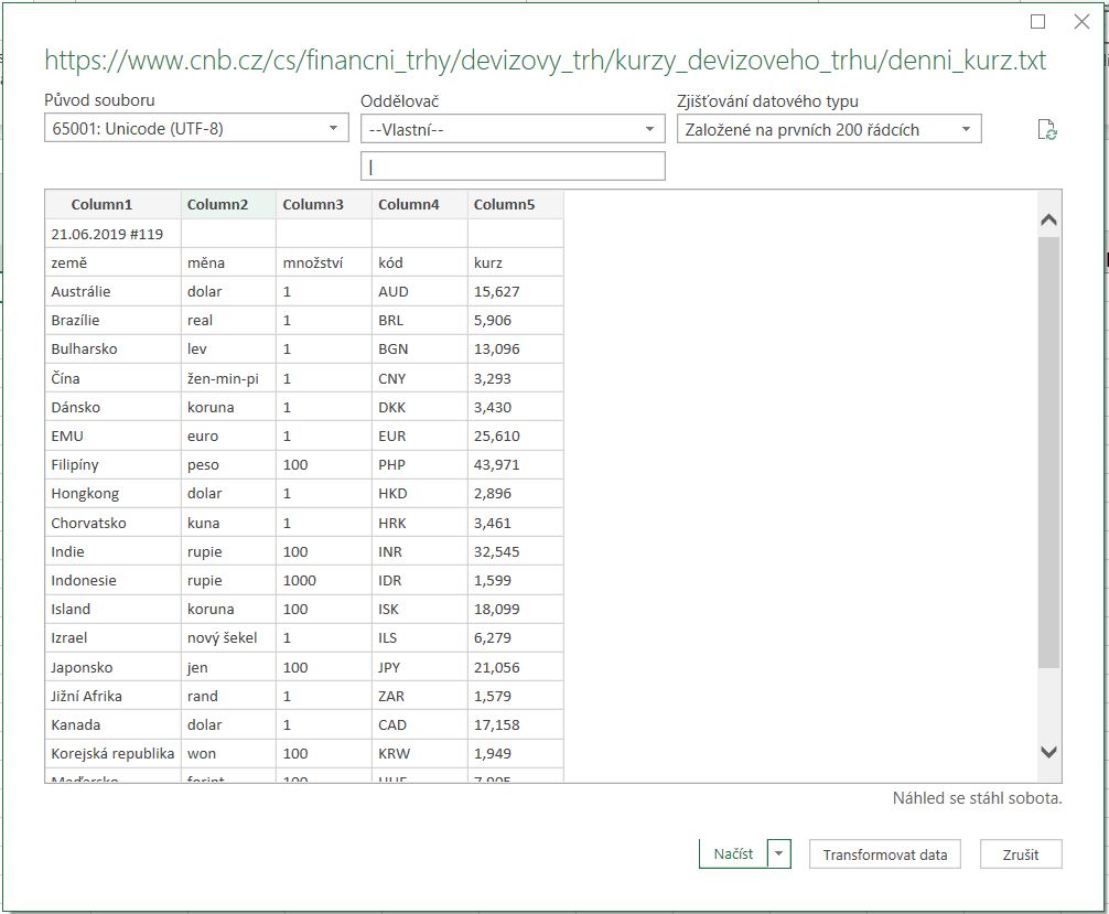 Vložit webovou stránku v Excel pro načtení do PowerQuery