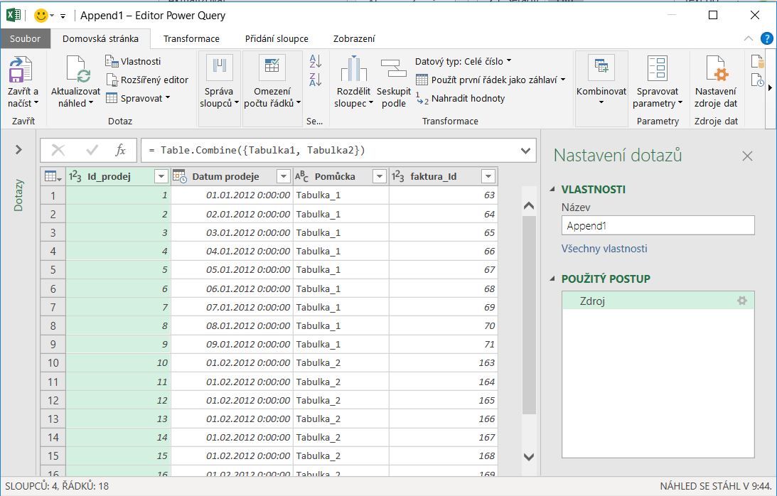 Připojit (Append) - načtená data v Query - PowerQuery - Excel