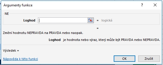 Excel funkce NE - argumenty