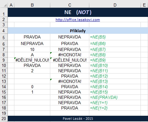 Excel funkce NE