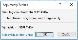 Excel funkce NEPRAVDA - argumenty