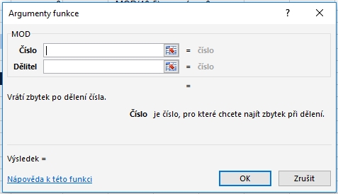 Excel funkce MOD - argumenty