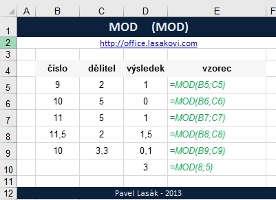 Excel funkce MOD