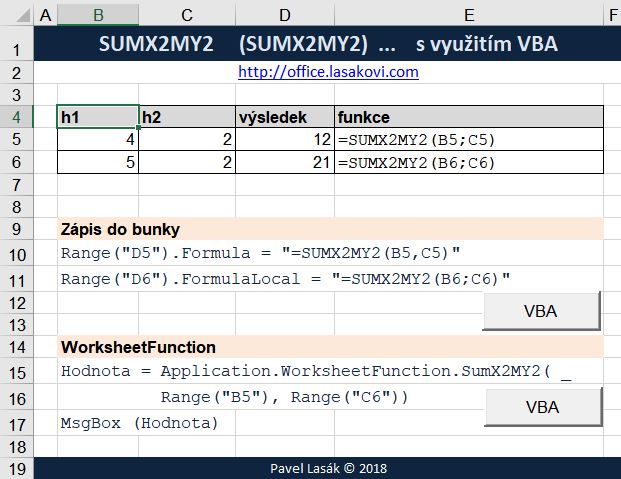 Excel funkce SUMX2MY2 - ukzka