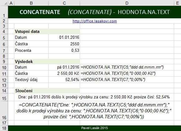 Excel funkce CONCATENATE a HODNOTA.NA.TEXT