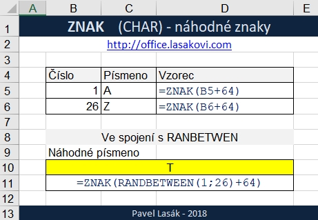 Excel funkce ZNAK (CHAR) ve spojení s RANDBETWEEN