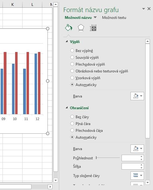 MS Excel 2016 - Graf - pravy nadpis grafu - menu