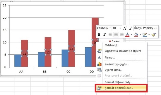 MS Excel prava popisku dat