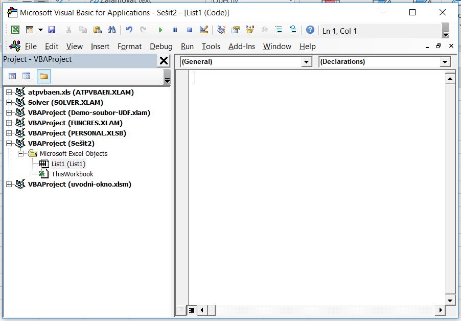 Excel VBA prostředí editoru po spuštění 