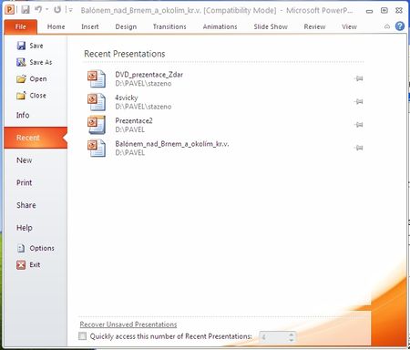 Power Point 2010 - Soubor - Naposledy oteveno - Recent